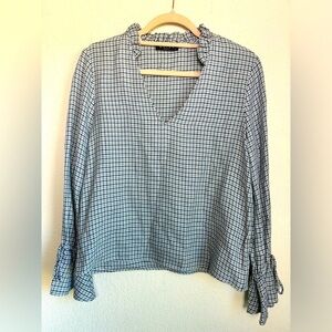 Maven West Gray Blue Plaid Ruffle Collar V-Neck Flare Sleeve Peasant Blouse XS